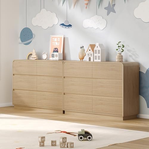 BORNOON Dresser for Bedroom with 6 Drawers, Fluted Chest of Drawers with Round Curved Corner, Hidden Handles, Modern Wood Storage Organizer for Bedroom, Nursery, Living Room - Image 6