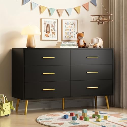 Black 6 Drawer Dresser for Bedroom, 47" Wood Dresser with Gold Handles. - Image 4