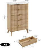 GarveeHome Fluted Dresser for Bedroom with 5 Deep Drawers, Natural Oak - Image 2