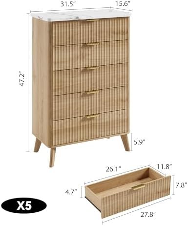 GarveeHome Fluted Dresser for Bedroom with 5 Deep Drawers, Natural Oak - Image 2