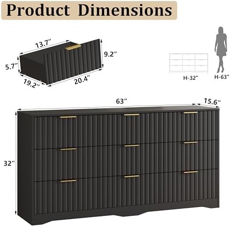 Fluted 9 Drawers Dresser for Bedroom, 63" Wide Wood Dressers, Black - Image 2
