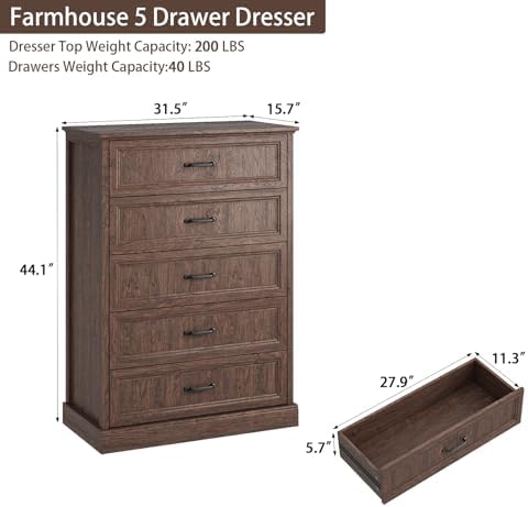 CARPETNAL Farmhouse 5 Drawer Dresser for Bedroom, 44" Tall Brown Dresser. - Image 2