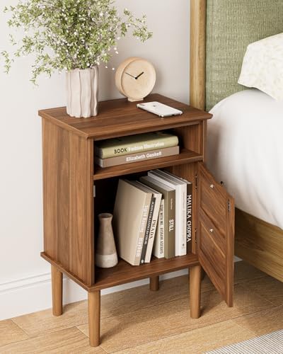 Nightstand, Boho Night Stand with 1 Drawer, Modern Side Accent Table with Open Shelf, Wooden Top Bedside End Table for Bedroom, Living Room, Walnut - Image 5