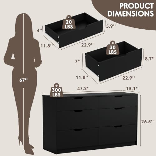 YESHOMY Black Dresser for Bedroom, 47.2" Modern Wood Chest with 6 Drawers - Image 2
