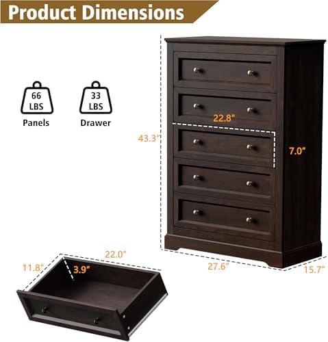 LOUVIXA Farmhouse Dresser 5 Drawer, Bedroom Chest of Drawers, Dressers with 5 Drawers, Wooden Dressers for Bedroom, Living Room, Tv Stand, Entryway(Vintage Brown) - Image 2