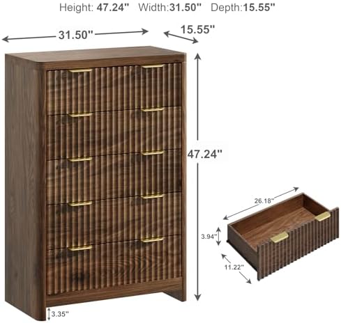 Walnut Dresser for Bedroom with 5 Deep Drawers, 47" Tall Fluted Chest of Drawers with Storage & Round Corner, Mid Century Modern Closet Clothes Dresser, Wooden Storage Cabinet for Living Room - Image 2