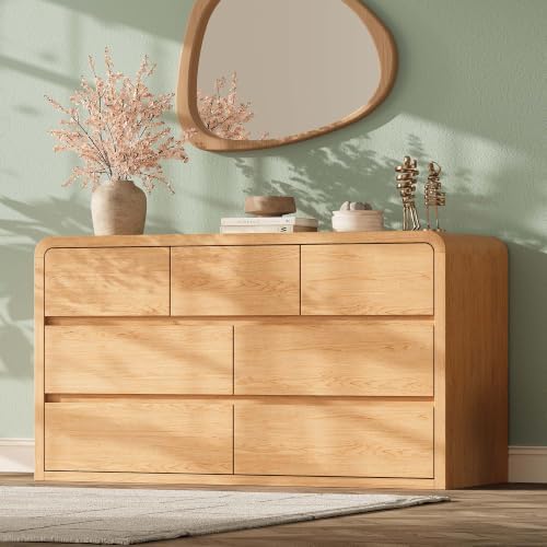 Modern 54" Wide 7 Drawers Dresser with Curved Profile Design,Oak by TROJMHome