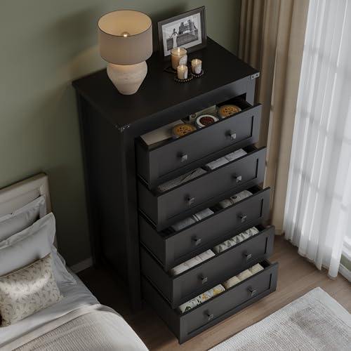 BORNOON Tall 5-Drawer Dresser, Modern Wooden Storage Chest of Drawers, Dresser TV Stand, Wood Drawer Organizer with Metal Handles for Bedroom, Living Room, Hallway - Image 4