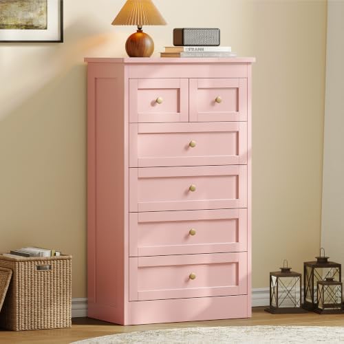 wanan Tall 6 Drawer Dresser for Bedroom, Pink Modern 43.3'' Tall Wood Chest of Drawers, Storage Organizer with Smooth Metal Rails & Anti-Tip Kit for Closet, Hallway, Living Room - Image 4