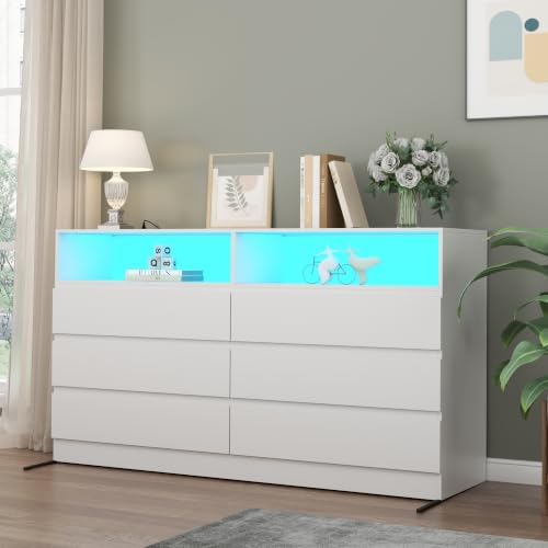 Gyfimoie White 6-Drawer Dresser for Bedroom w/Power Outlet and LED Light - Image 4