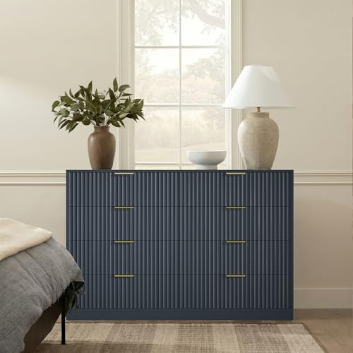Navy Blue 8 Drawer Dresser for Bedroom, 55" Wide Fluted Chest of Drawers with Gold Metal Handles, Modern Wooden Dresser, Closet Storage Organizer Mid Century TV Stand for Living Room Hallway - Image 6
