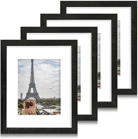 Hongkee 11x14 Picture Frame Set of 4, Made of Real Glass and Rustic Black Wooden Frame, Display 8x10 Pictures with Mat or 11 x 14 Posters without Mat for Wall Mounting, Gallery Photo Frames by Hongkee