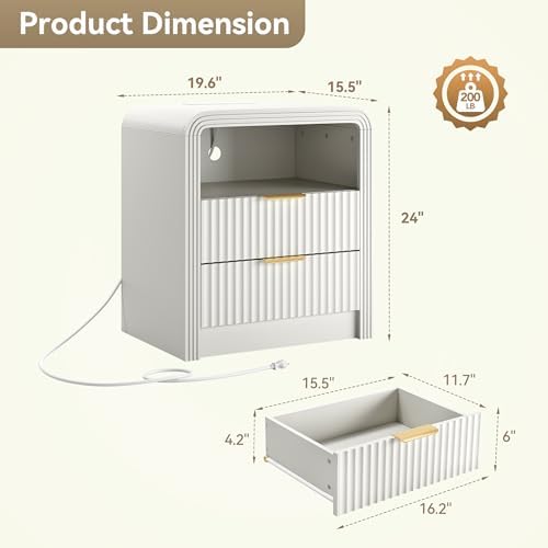 Decofy Fluted Nightstand Set of 2 with Charging Station, 2 Drawers, White - Image 3
