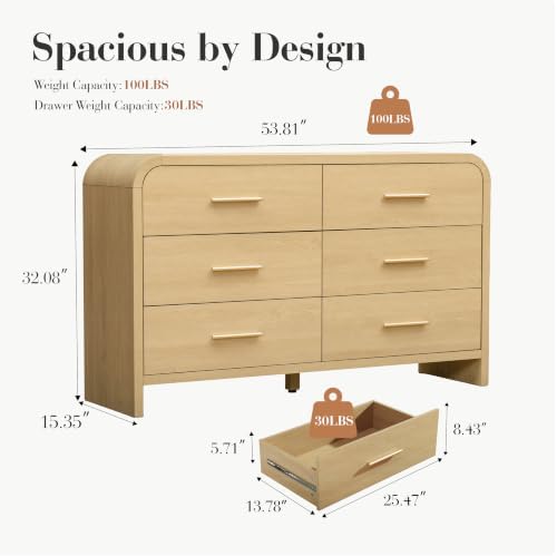 Curved 6-Drawer Dresser for Bedroom, 54" Wide Modern Chest of Drawers, Vanity Desk TV Stand for Living Room, Closet Storage Drawers Organizer Furniture, Nursery, Hallway, Natural Oak - Image 2