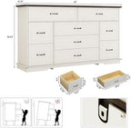 jiteentarou Farmhouse 9 Drawer Dresser for Bedroom,63” Wood Dresser & Chest of Drawers with Power Outlets,Large & Wide Dressers for Bedroom,Tall Storage Dresser Organizer(White) - Image 2