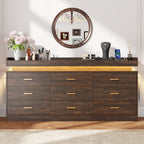 Farmhouse 9 Drawer Dresser with LED Light and Charging Station, Brown - Image 6