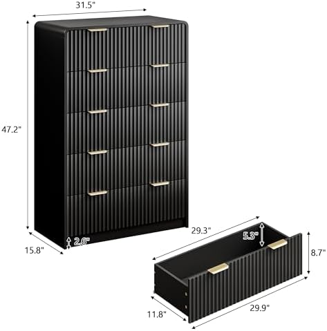 HOUROM 47" Tall Black Fluted Dresser for Bedroom, 5 Drawers Dresser - Image 2