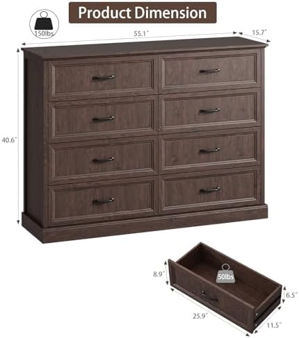 Farmhouse 8 Drawer Dresser for Bedroom, 55" Brown Dresser with TV Stand - Image 2