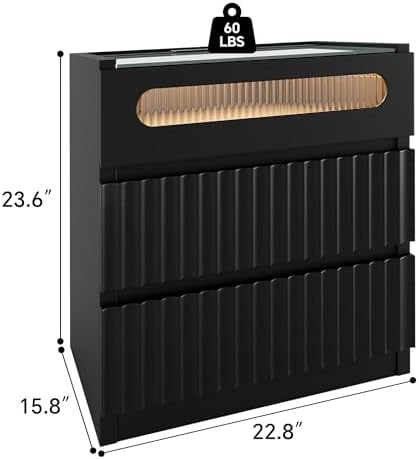 Modern Nightstand with Charging Station,Fluted 3 Drawers Bedside,Black - Image 2
