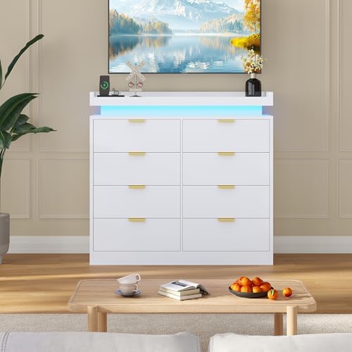knoworld 8 Drawer Dresser for Bedroom, White Dresser with LED Lights and Power Outlet, Large Wooden Dressers Modern Chest of Drawers, Double Wide 8 Drawer Dressers for Bedroom, Entryway, Hallway - Image 6
