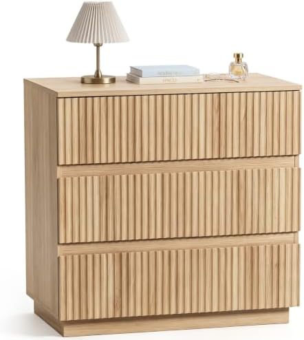 Karl home Natural Oak 3 Drawer Fluted Nightstand, Modern Storage Chest by Karlhome