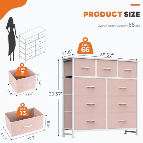 Sweetcrispy 9 Drawer Fabric Dresser Storage Tower Drawer Organizer, Pink - Image 3