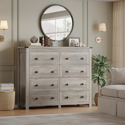 BORNOON Tall 8-Drawer Dresser, Modern Wooden Storage Chest of Drawers, Dresser TV Stand, Wood Drawer Organizer with Metal Handles for Bedroom, Living Room, Hallway - Image 6