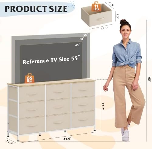 WLIVE Dresser TV Stand for 55 Inch TV, 9 Drawer Dresser for Bedroom, Beige - Image 3