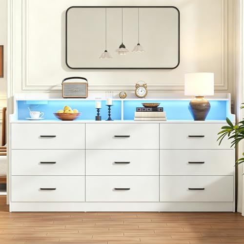 Bigbiglife 9 Drawer Dresser with Built in Power Outlet and LED Light, Modern Chest of Drawers for Bedroom, Triple Wide Drawer Organizer Cabinet for Living Room, Entryway, Hallway, Antique White by Bigbiglife