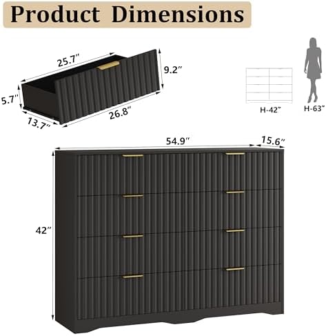 Fluted 8 Drawers Dresser for Bedroom, 55" Wide Wood Dressers, Black - Image 2