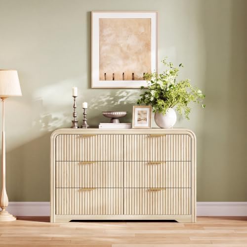 LINSY HOME 6-Drawer Fluted Dresser for Bedroom, Light Oak, Mid Century - Image 5