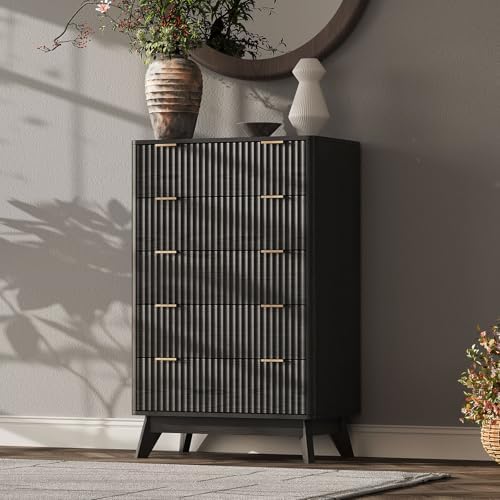 43" Hight Fluted 5 Drawers Dresser for Bedroom,Curved Edge,Black by TROJMHome