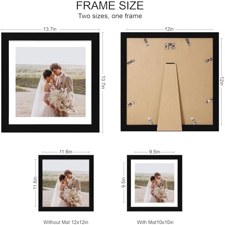 Hongkee 12x12 Picture Frame Set of 4 - Made of Glass and Black Wooden Frame, Display Square Pictures 10x10 with Mat or 12 x 12 without Mat, Desktop & Wall Collage Photo Frame - Image 2