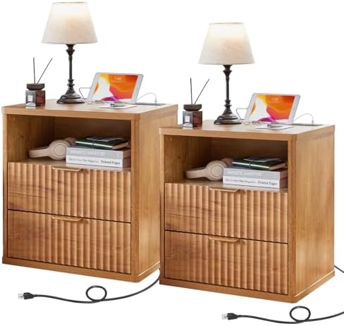 LEYAOYAO Fluted Nightstand Set of 2 with Charging Station,23" Modern Nightstand with Woodgrain Top, 2 Drawer End Table w/Storage, BedsideTables for Bedroom, Living Room, Curved Profile,Brown by LEYAOYAO-Findtheshiningpointofyourideallife%EF%BC%81