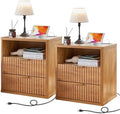 LEYAOYAO Fluted Nightstand Set of 2 with Charging Station,23" Modern Nightstand with Woodgrain Top, 2 Drawer End Table w/Storage, BedsideTables for Bedroom, Living Room, Curved Profile,Brown by LEYAOYAO-Findtheshiningpointofyourideallife%EF%BC%81