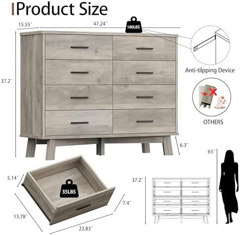 Xixini Dresser for Bedroom, 8 Drawer Wide Modern Chest of Drawers with X-Shaped Sturdy Base, Wood Double Dresser Closet Clothes Storage Organizer, Wooden TV Stand for Living Room, Hallway, Grey - Image 2