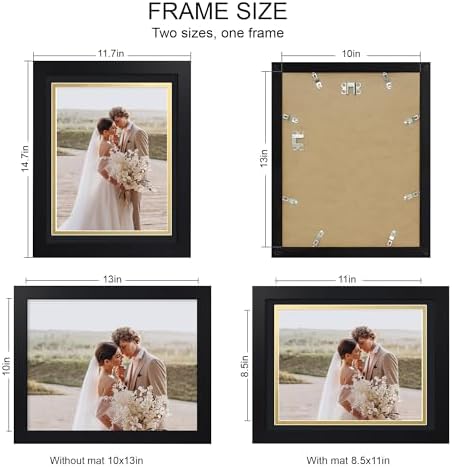 Hongkee 10x13 Picture Frame Set of 4, Made of Real Glass and Black Frame, 10 by 13 Photo for Wall or Tabletop - Display Picture 8.5x11 with Mat or 10x13 Without Mat - Image 2