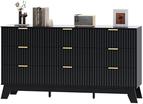 HUANLEGO Fluted Dresser for Bedroom with 9 Drawers, Black by HUANLEGO