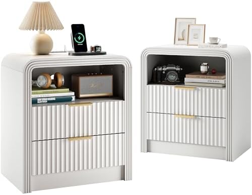Decofy Fluted Nightstand Set of 2 with Charging Station, 2 Drawers, White by Decofy