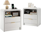 Decofy Fluted Nightstand Set of 2 with Charging Station, 2 Drawers, White by Decofy