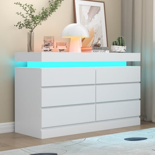 Gyfimoie 6 Drawer Dresser with Power Outlet, Dresser with LED Light by Gyfimoie