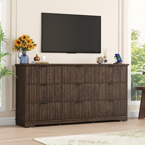 Squireewo Fluted 9 Drawers Dresser for Bedroom, 63" Wide Modern Chest of Drawers with Power Outlet and Deep Drawers, Large Dresser TV Stand for Living Room, Hallway, Kids Room, Brown - Image 7
