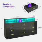 UNIQUITE Black 9 Drawer Dressers for Bedroom, Modern Large Dresser with LED Light and Power Outlet, Wooden Long Dresser for Bedroom, Entryway, Hallway - Image 2