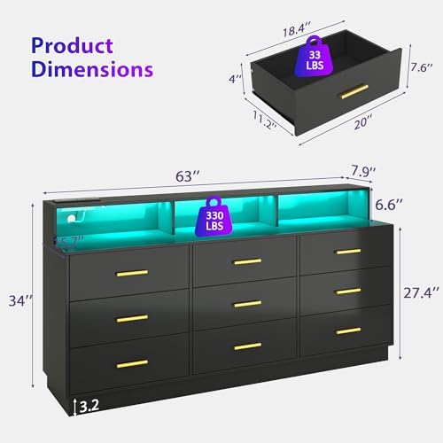 UNIQUITE Black 9 Drawer Dressers for Bedroom, Modern Large Dresser with LED Light and Power Outlet, Wooden Long Dresser for Bedroom, Entryway, Hallway - Image 2