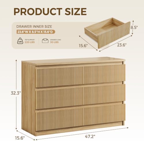 Jocoevol 6 Drawer Fluted Dresser, Modern Chest of Drawers for Bedroom with Hidden Handles, Wood Storage Organizer Cabinet for Living Room & Entryway, Natural Oak (15.7" D x 47.3" W x 31.6" H) - Image 2