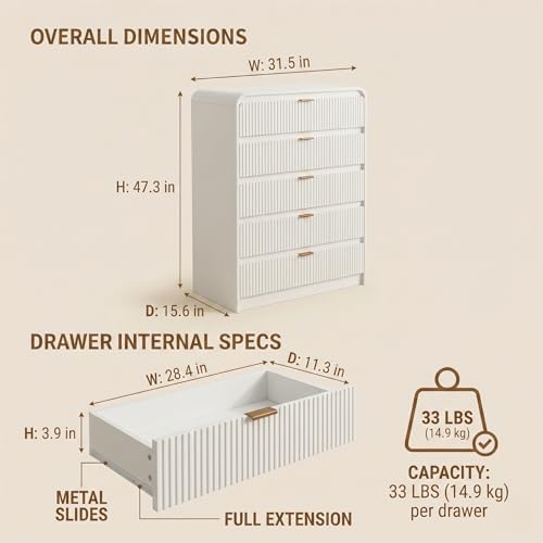 FURSUN Fluted 5 Drawers Dresser for Bedroom, 48" Tall Wooden Modern Dresser with Metal Handle, Curved Profile Design, Storage Organizer for Bedroom, Living Room, Hallway, White - Image 2
