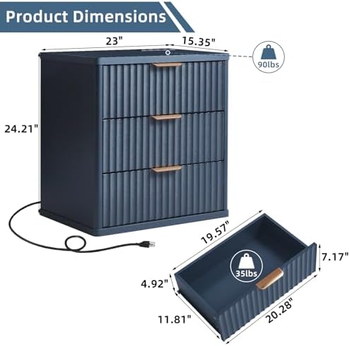 LEYAOYAO Fluted Nightstand Set of 2 with Charging Station,23" Modern Nightstand with Woodgrain Top, 3 Drawer End Table w/Storage, BedsideTables for Bedroom, Living Room, Curved Profile,Blue - Image 3