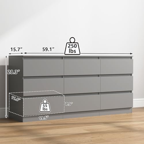 Vibe & Dine 9 Drawer Dresser, 59.1" Long Dresser for Bedroom Free Handle, Modern Wooden Chest of Drawers with Wide Storage for Living Room, Grey - Image 3