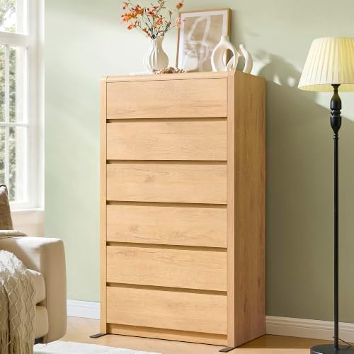 55.6” Tall Dresser with 6 Drawers, Natural Dresser & Chest of Drawers, Wooden Dresser for Bedroom, Living Room, Hallway, Wood Drawer Organizer, Front Curved & Handleless Design - Image 7