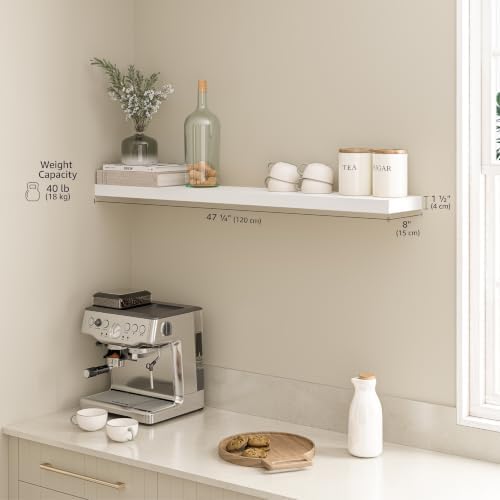 Ballucci Floating Shelf, 48" Wood Wall Shelf with Invisible Brackets for Bathroom, Living Room, Bedroom, Kitchen, Nursery, 8" Deep, White - Image 3